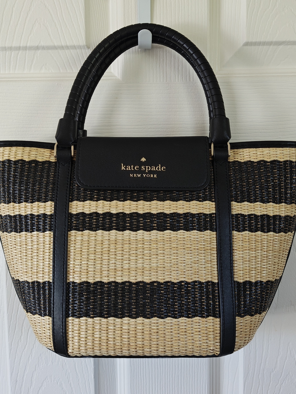 kate spade Black and Natural Striped Woven Tote